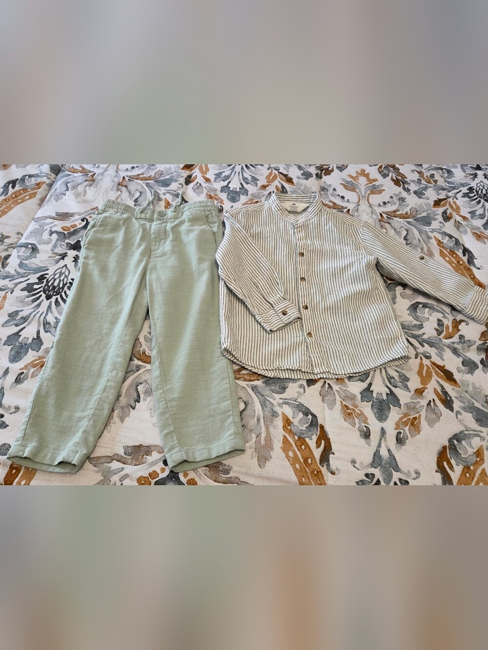 H&M Cream and Sage Green Striped Button-Down And Pants